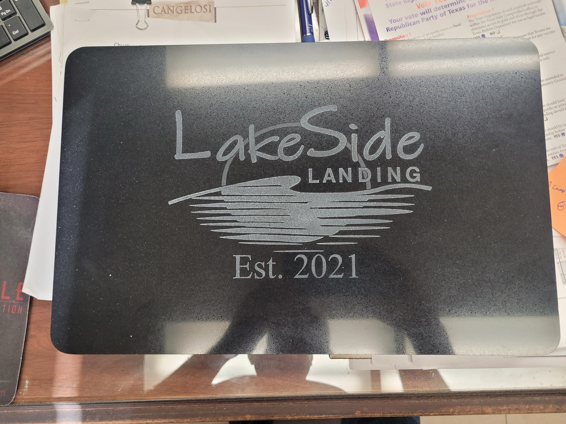 Waterjet-cut stone monument sign fabricated by Cangelosi Company